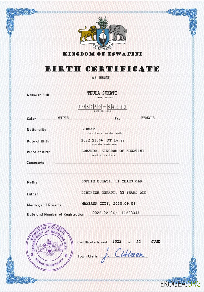 Modèle PSD de certificat de naissance d'acte d'état civil d'Eswatini